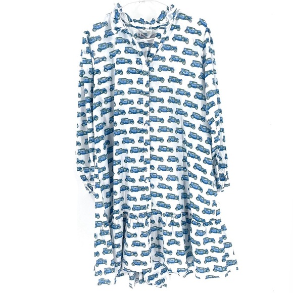 Le Bazar Coastal NWOT VTG Antique Automobile Car Print Cotton Ruffle Dress - Picture 3 of 7